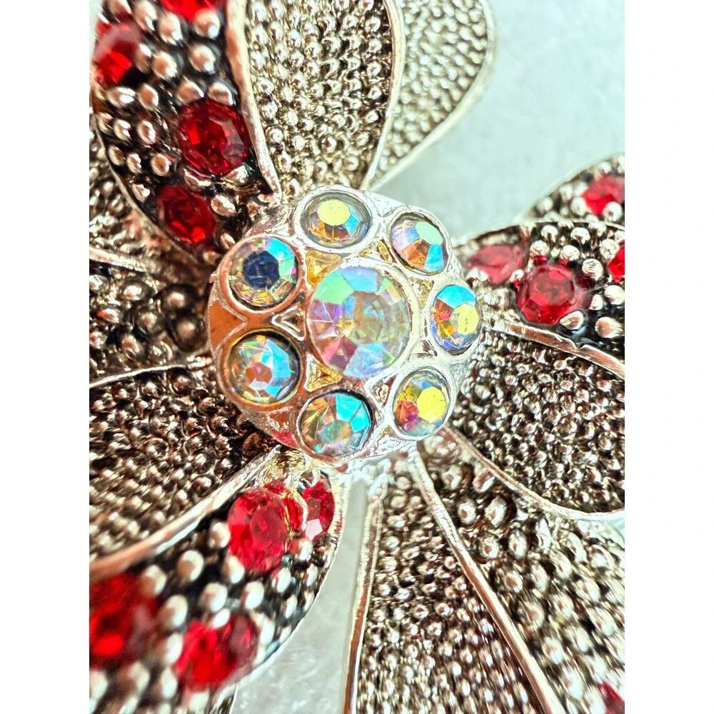 Vintage Silver Tone Textured Flower Brooch Pin Red AB Rhinestone Center